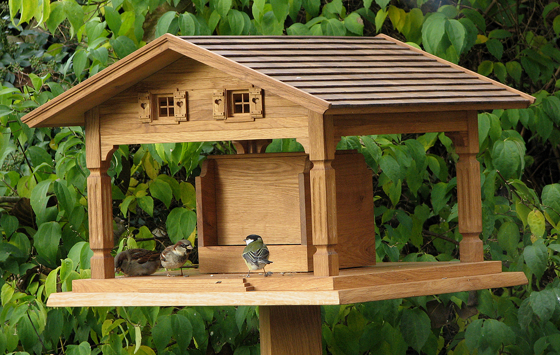 Klassisches Vogelhaus aus Eiche mit Kohlmeise am Futterplatz